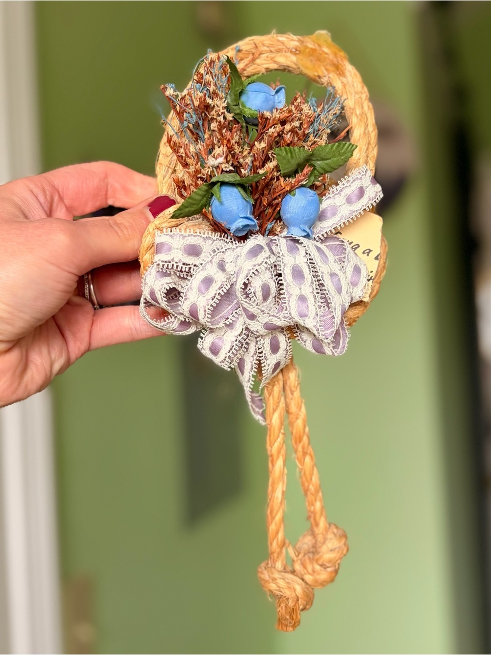 Handmade Blue Rose Rope Ornament with Lace Bow Accent